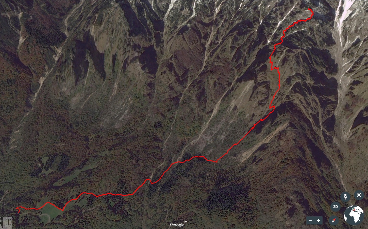 Traccia 3d del Voro dei Toni, Lora Sgralaita e Vajo del Pino