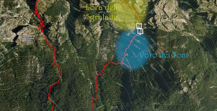 Mappa del Vajo del Pino da Voro dei Toni e Lora Sgralaite